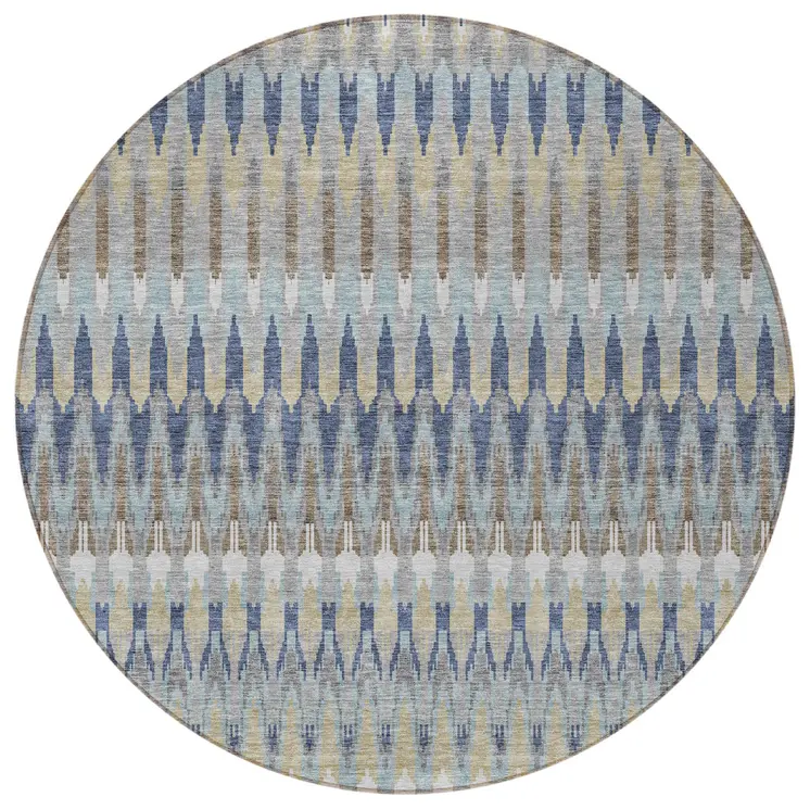 8' Taupe Navy Blue And Denim Blue Round Southwestern Washable Indoor Outdoor Area Rug