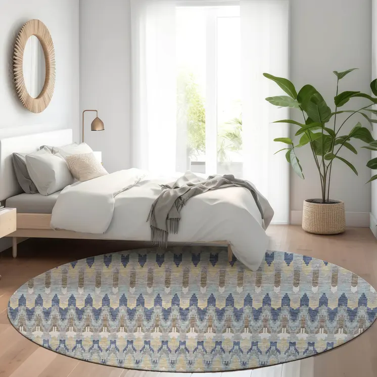 8' Taupe Navy Blue And Denim Blue Round Southwestern Washable Indoor Outdoor Area Rug