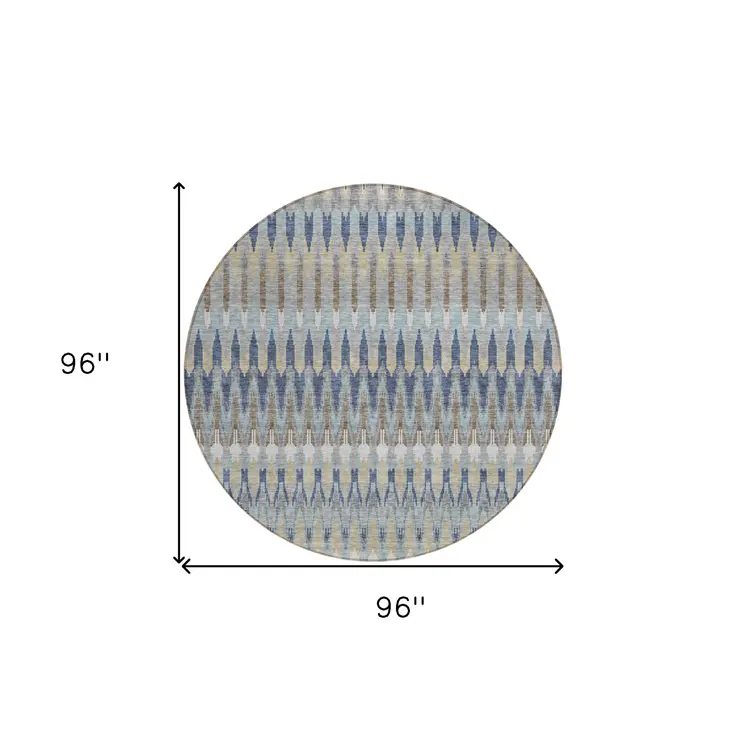 8' Taupe Navy Blue And Denim Blue Round Southwestern Washable Indoor Outdoor Area Rug