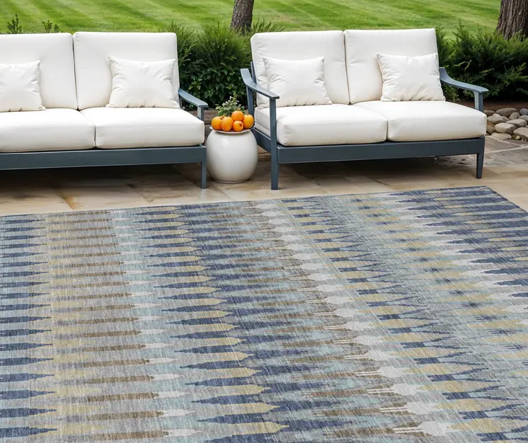 8' X 10' Taupe Navy Blue And Denim Blue Southwestern Washable Indoor Outdoor Area Rug