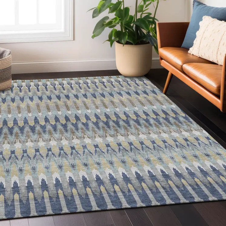 8' X 10' Taupe Navy Blue And Denim Blue Southwestern Washable Indoor Outdoor Area Rug