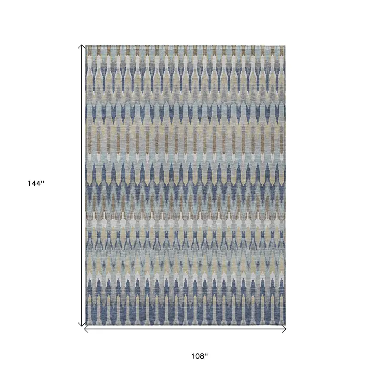 9' X 12' Taupe Navy Blue And Denim Blue Southwestern Washable Indoor Outdoor Area Rug