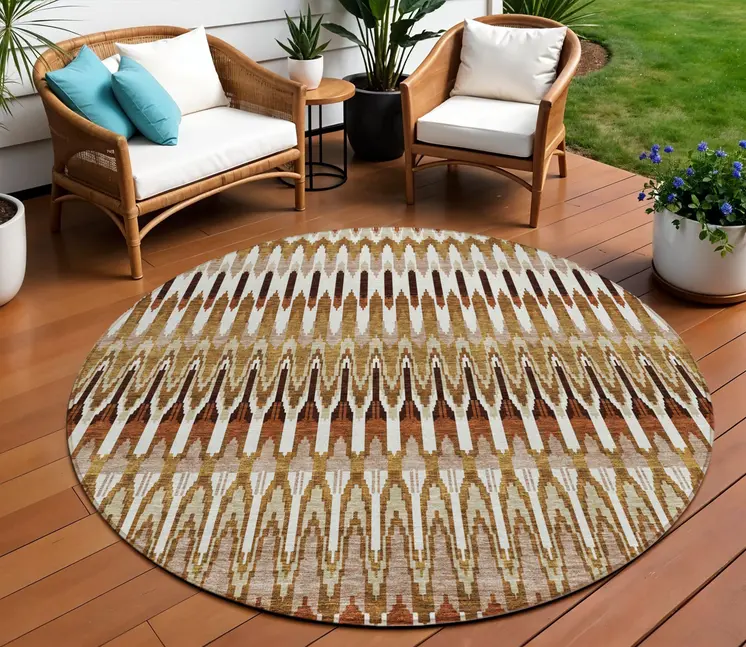 8' Terra Cotta Beige And Red Round Southwestern Washable Indoor Outdoor Area Rug