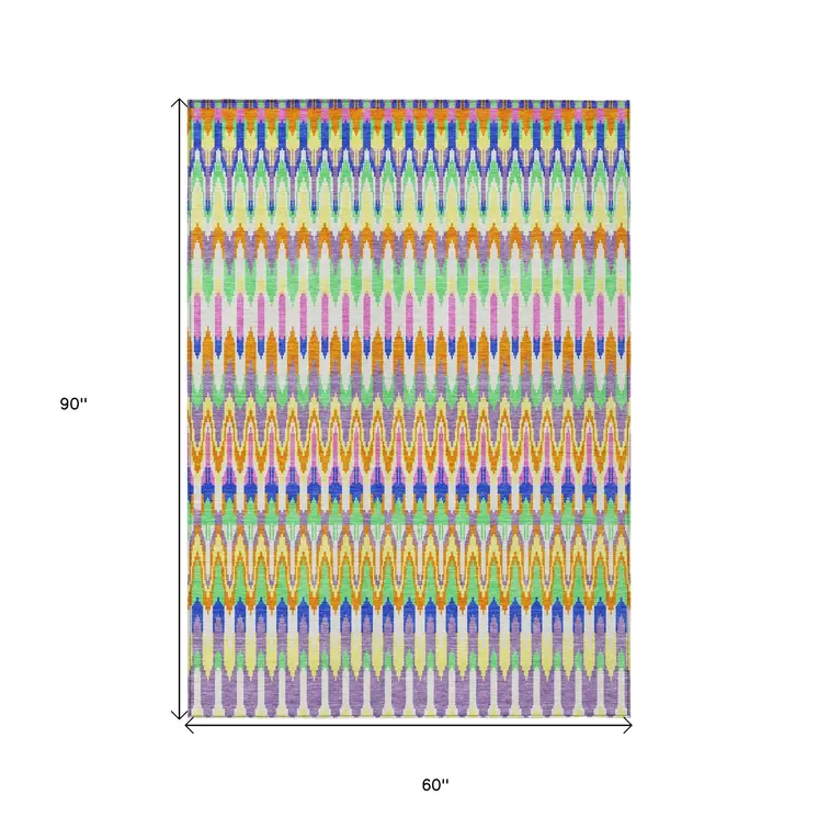 5' X 8' White Blue And Pink Southwestern Washable Indoor Outdoor Area Rug