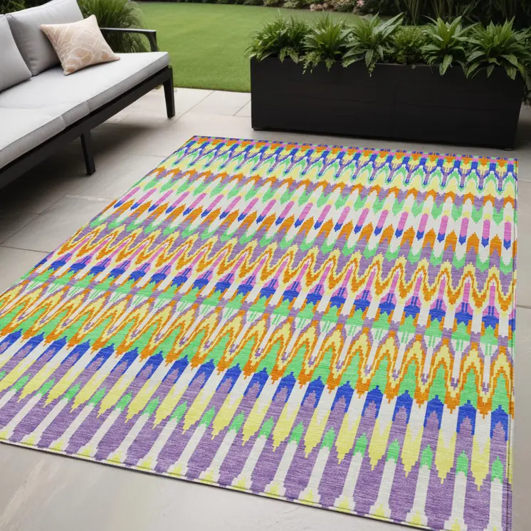 5' X 8' White Blue And Pink Southwestern Washable Indoor Outdoor Area Rug