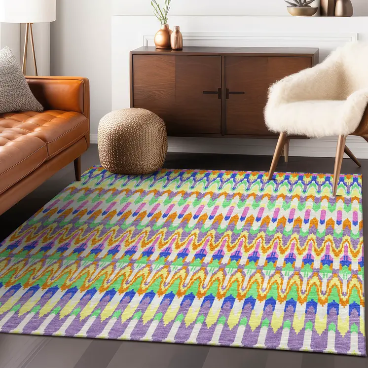 5' X 8' White Blue And Pink Southwestern Washable Indoor Outdoor Area Rug