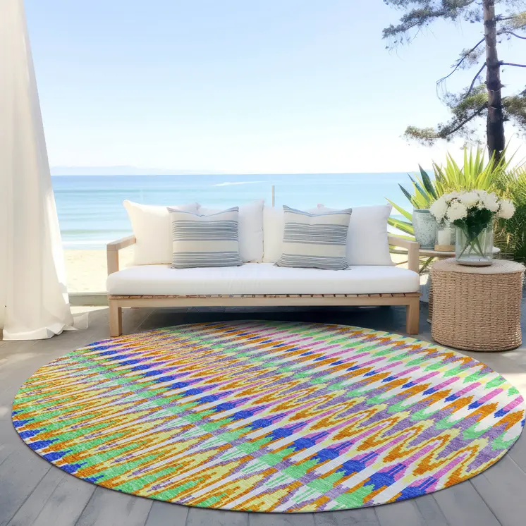 8' White Blue And Pink Round Southwestern Washable Indoor Outdoor Area Rug