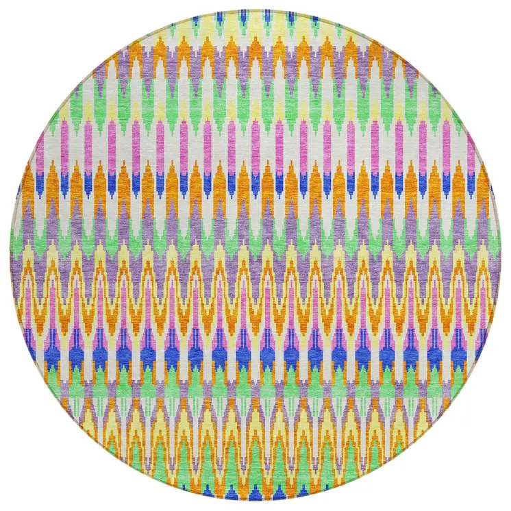 8' White Blue And Pink Round Southwestern Washable Indoor Outdoor Area Rug