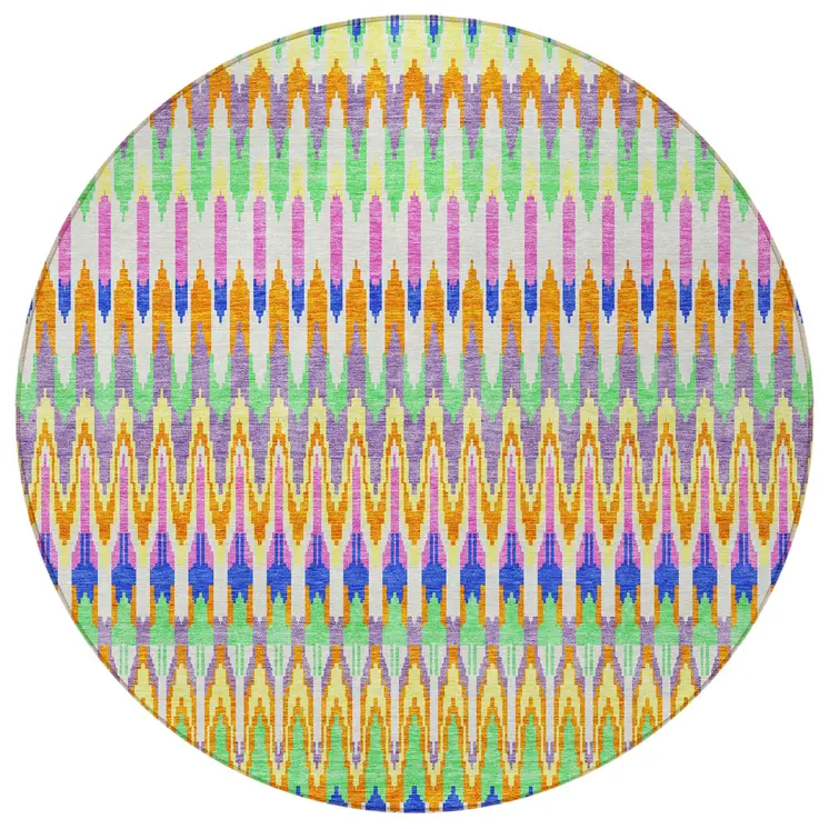 8' White Blue And Pink Round Southwestern Washable Indoor Outdoor Area Rug