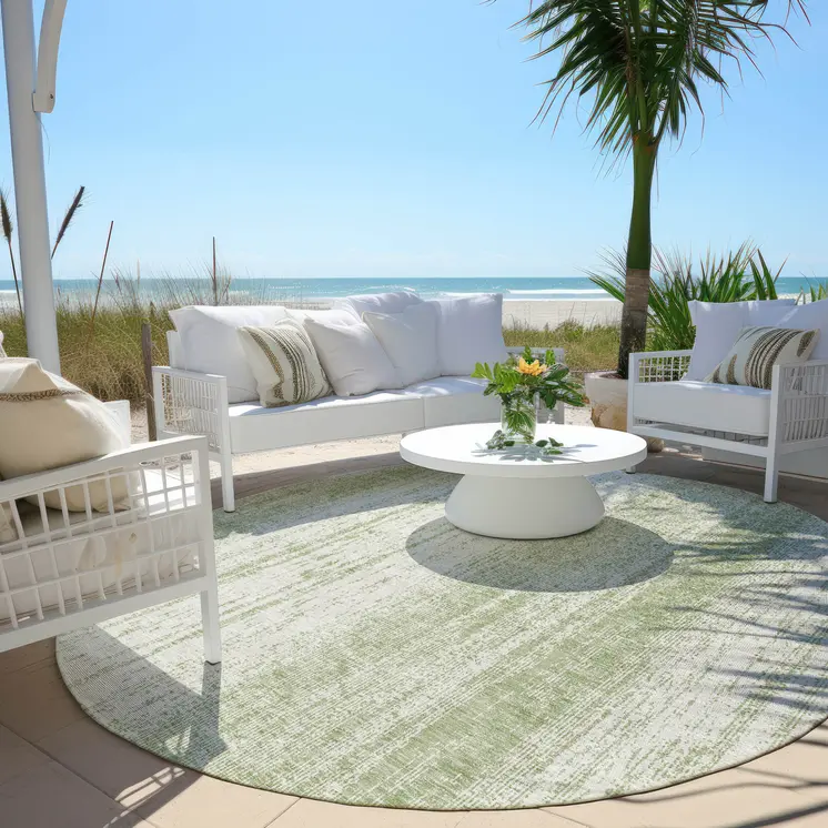 8' Artichoke Green And Ivory Round Striped Washable Indoor Outdoor Area Rug