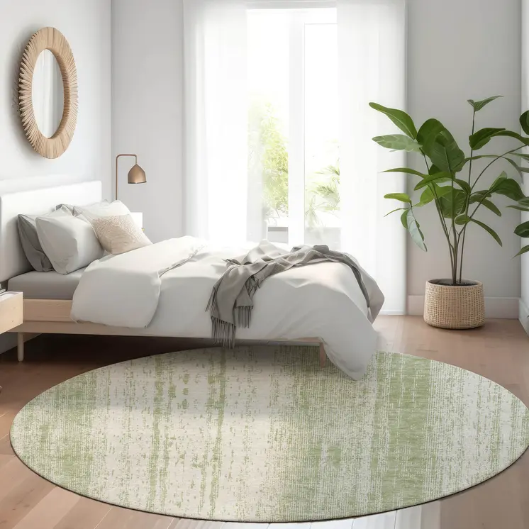 8' Artichoke Green And Ivory Round Striped Washable Indoor Outdoor Area Rug