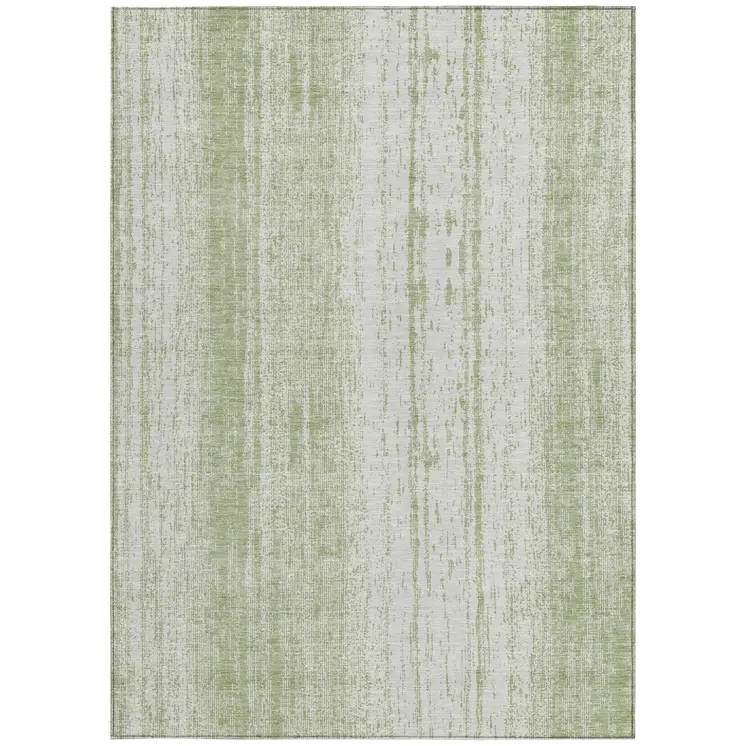 9' X 12' Artichoke Green And Ivory Striped Washable Indoor Outdoor Area Rug