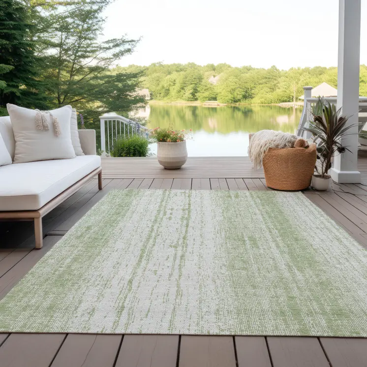 10' X 14' Artichoke Green And Ivory Striped Washable Indoor Outdoor Area Rug