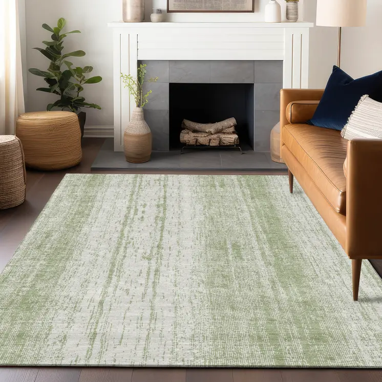 10' X 14' Artichoke Green And Ivory Striped Washable Indoor Outdoor Area Rug