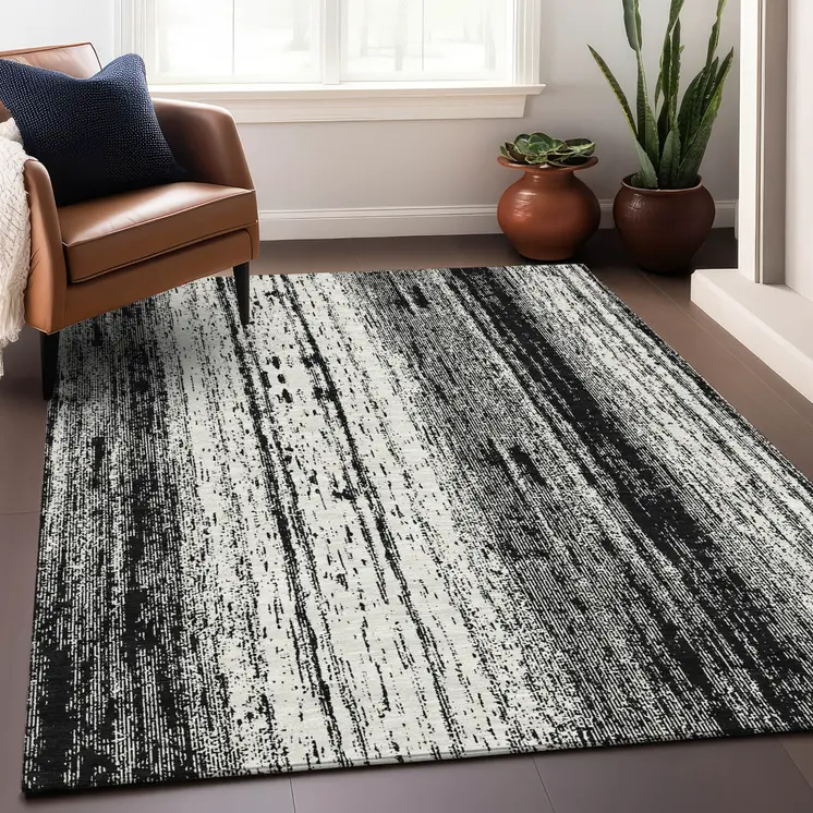 3' X 5' Black And Ivory Striped Washable Indoor Outdoor Area Rug