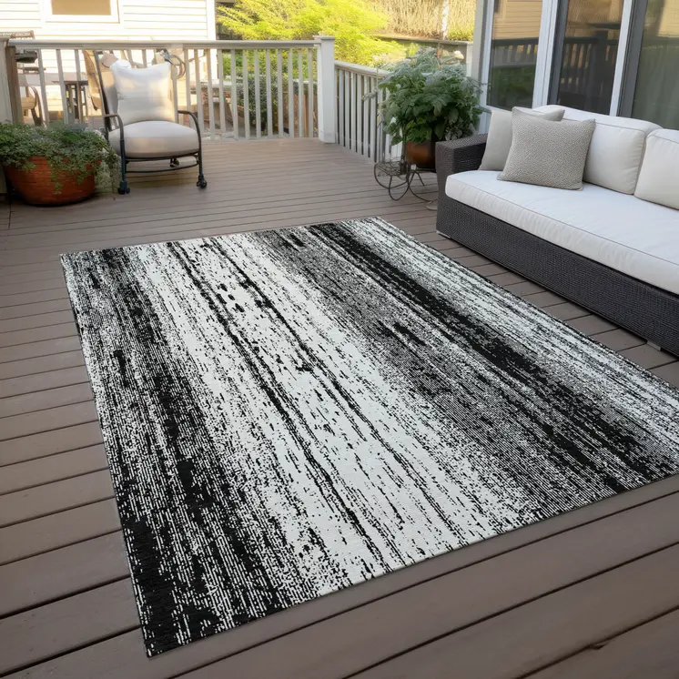 5' X 8' Black And Ivory Striped Washable Indoor Outdoor Area Rug
