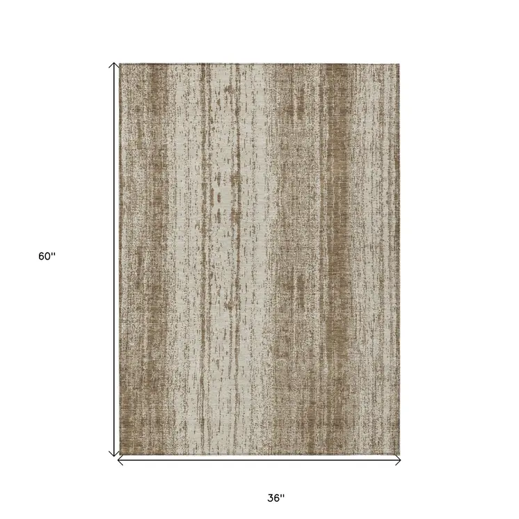 3' X 5' Brown And Ivory Striped Washable Indoor Outdoor Area Rug