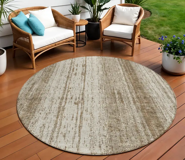 8' Brown And Ivory Round Striped Washable Indoor Outdoor Area Rug