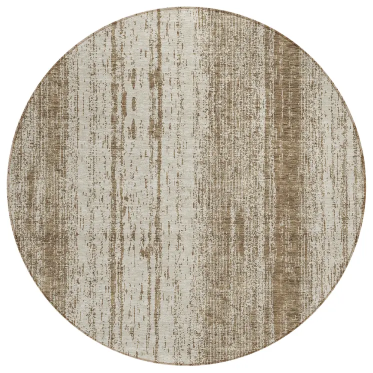 8' Brown And Ivory Round Striped Washable Indoor Outdoor Area Rug