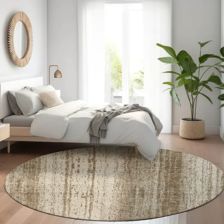8' Brown And Ivory Round Striped Washable Indoor Outdoor Area Rug