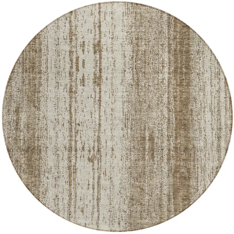 8' Brown And Ivory Round Striped Washable Indoor Outdoor Area Rug