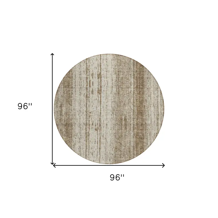 8' Brown And Ivory Round Striped Washable Indoor Outdoor Area Rug