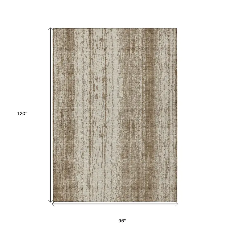 8' X 10' Brown And Ivory Striped Washable Indoor Outdoor Area Rug