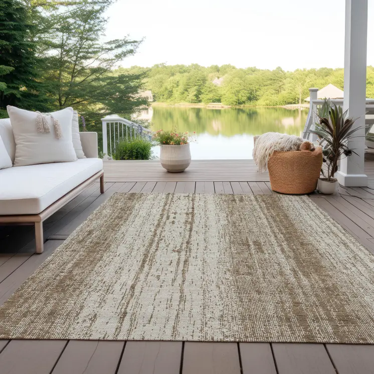 8' X 10' Brown And Ivory Striped Washable Indoor Outdoor Area Rug