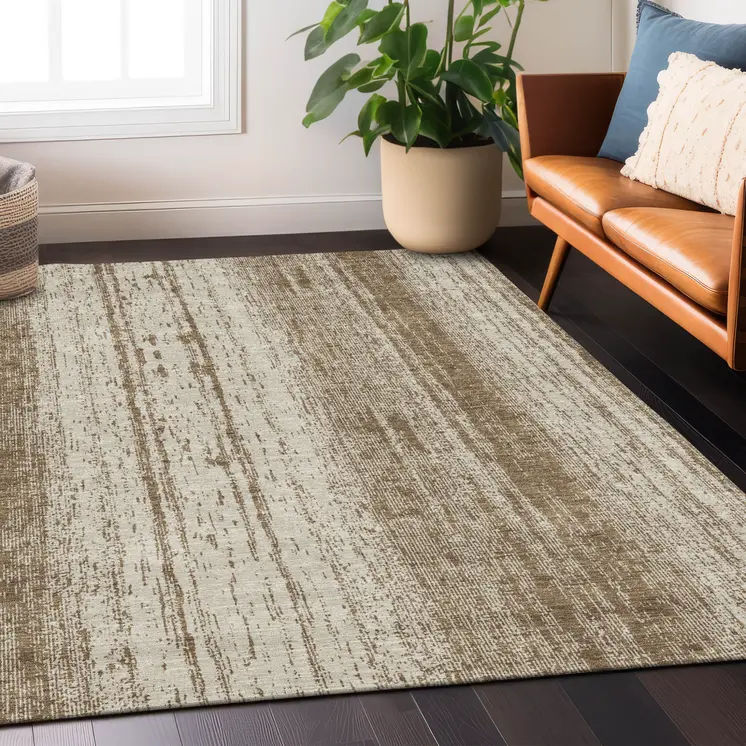 8' X 10' Brown And Ivory Striped Washable Indoor Outdoor Area Rug