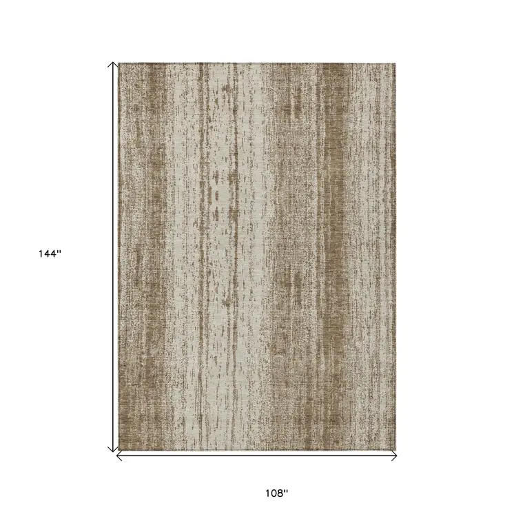 9' X 12' Brown And Ivory Striped Washable Indoor Outdoor Area Rug