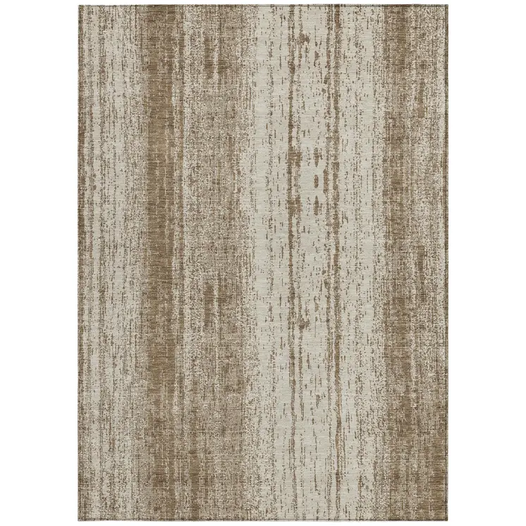9' X 12' Brown And Ivory Striped Washable Indoor Outdoor Area Rug