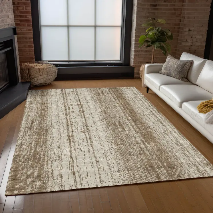 9' X 12' Brown And Ivory Striped Washable Indoor Outdoor Area Rug