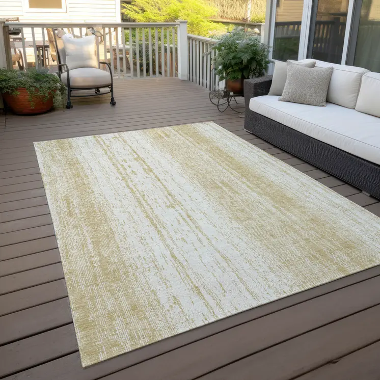 3' X 5' Gold And Ivory Striped Washable Indoor Outdoor Area Rug