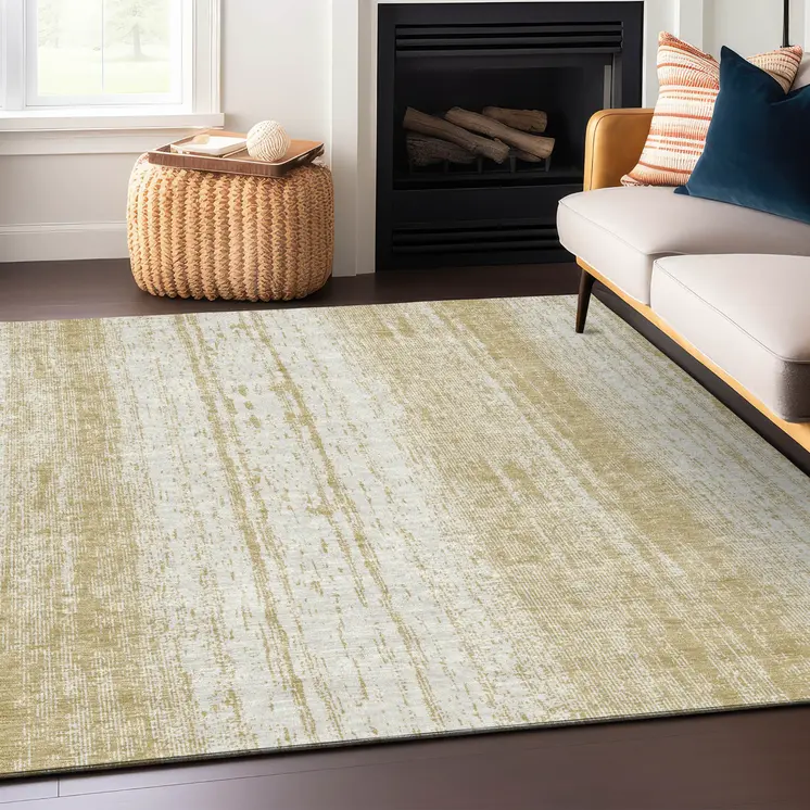3' X 5' Gold And Ivory Striped Washable Indoor Outdoor Area Rug