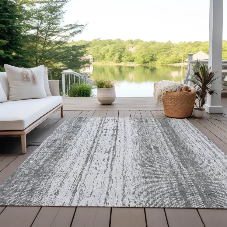 3' X 5' Gray And Ivory Striped Washable Indoor Outdoor Area Rug