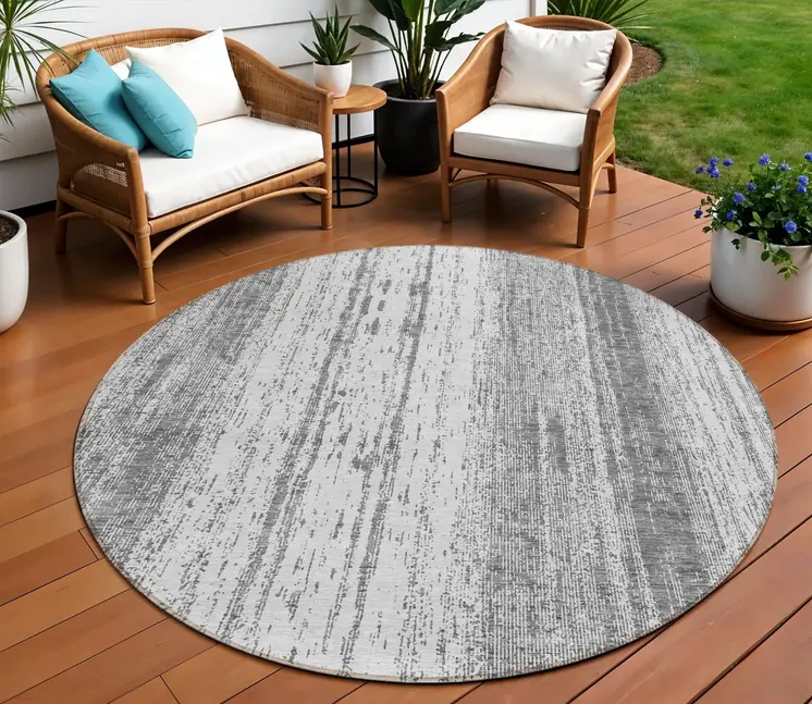 8' Gray And Ivory Round Striped Washable Indoor Outdoor Area Rug