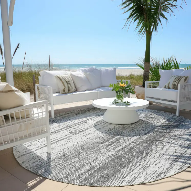 8' Gray And Ivory Round Striped Washable Indoor Outdoor Area Rug