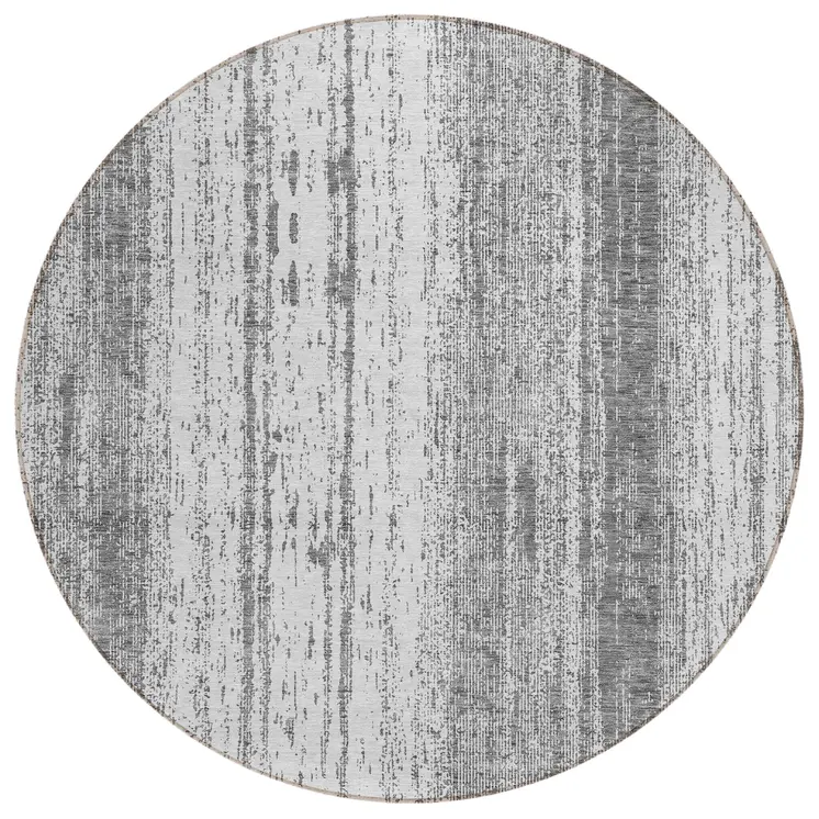 8' Gray And Ivory Round Striped Washable Indoor Outdoor Area Rug