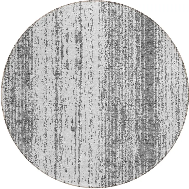 8' Gray And Ivory Round Striped Washable Indoor Outdoor Area Rug