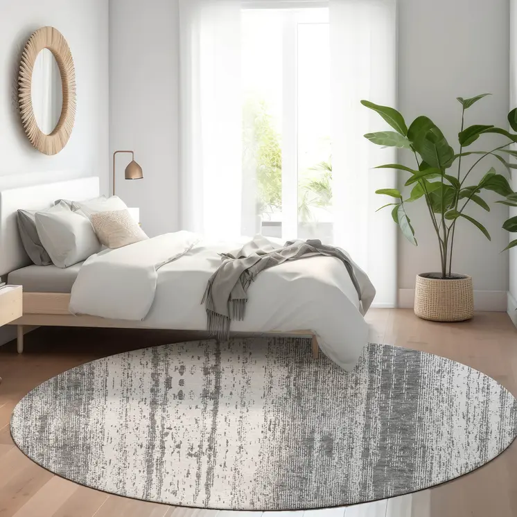 8' Gray And Ivory Round Striped Washable Indoor Outdoor Area Rug