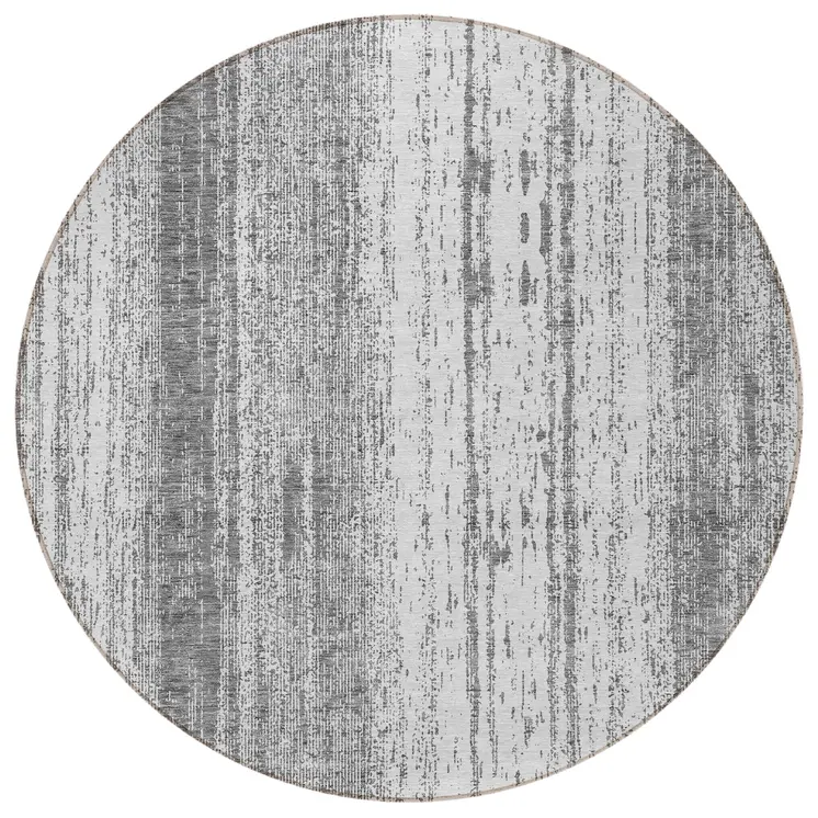 8' Gray And Ivory Round Striped Washable Indoor Outdoor Area Rug