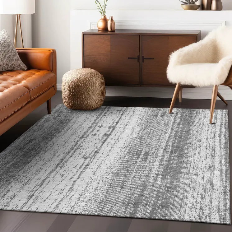 10' X 14' Gray And Ivory Striped Washable Indoor Outdoor Area Rug