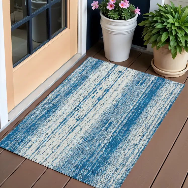 3' X 5' Navy Blue And Ivory Striped Washable Indoor Outdoor Area Rug