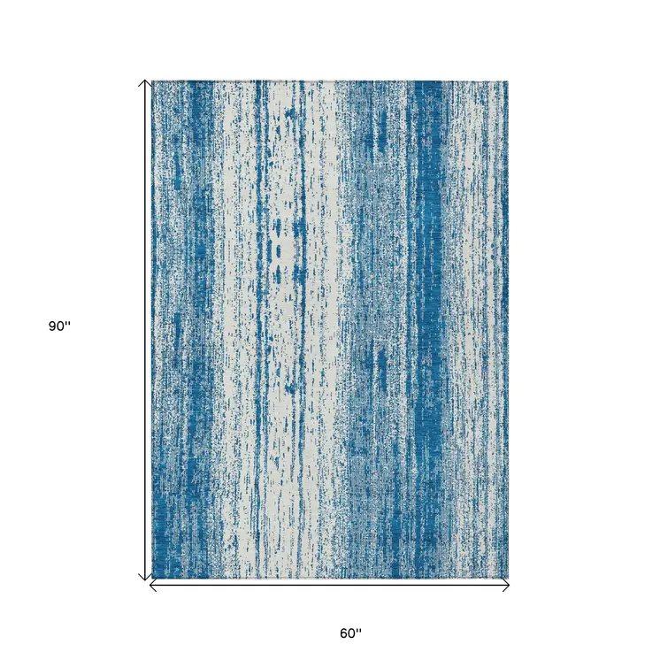 5' X 8' Navy Blue And Ivory Striped Washable Indoor Outdoor Area Rug