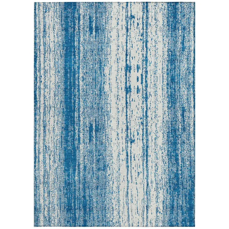 5' X 8' Navy Blue And Ivory Striped Washable Indoor Outdoor Area Rug