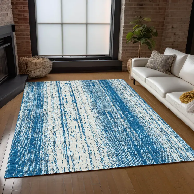 5' X 8' Navy Blue And Ivory Striped Washable Indoor Outdoor Area Rug