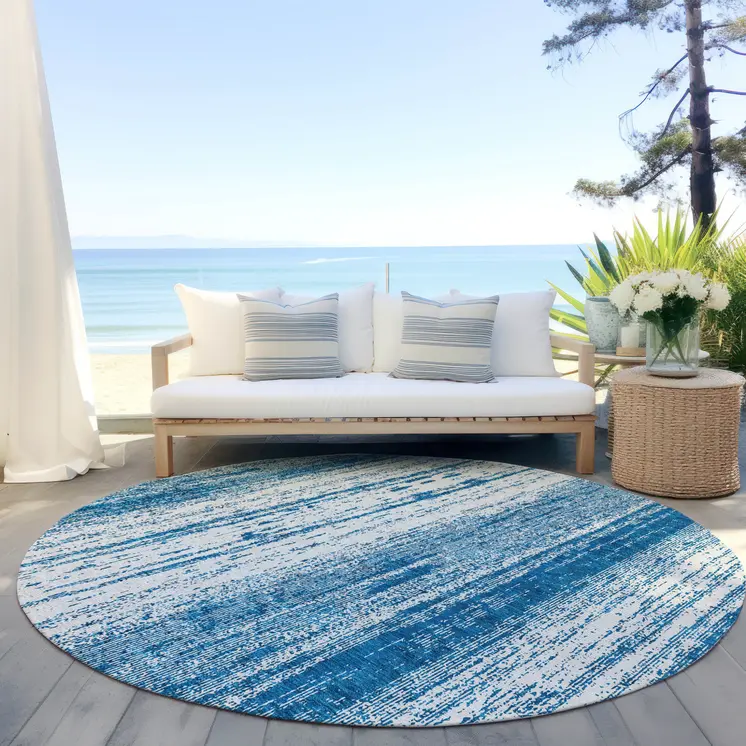 8' Navy Blue And Ivory Round Striped Washable Indoor Outdoor Area Rug