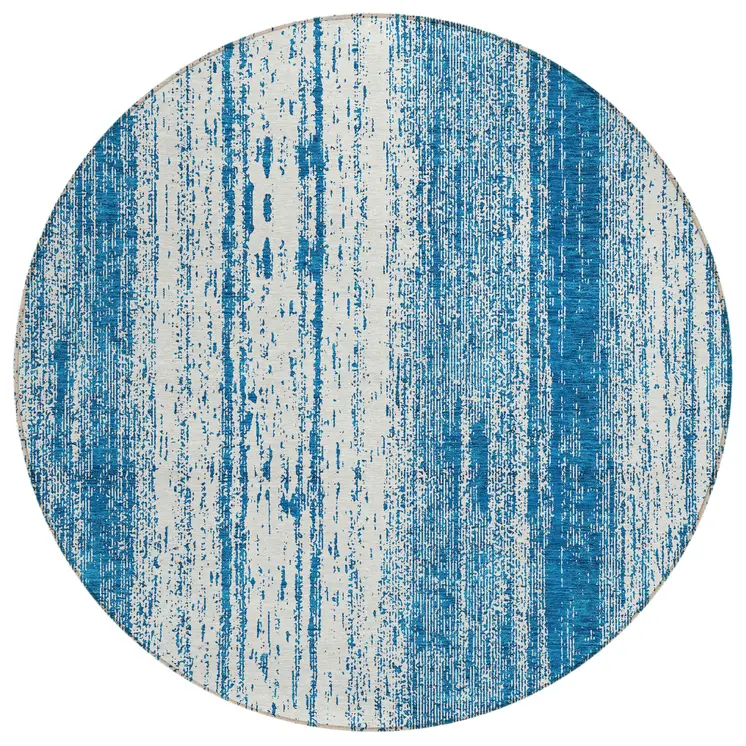 8' Navy Blue And Ivory Round Striped Washable Indoor Outdoor Area Rug