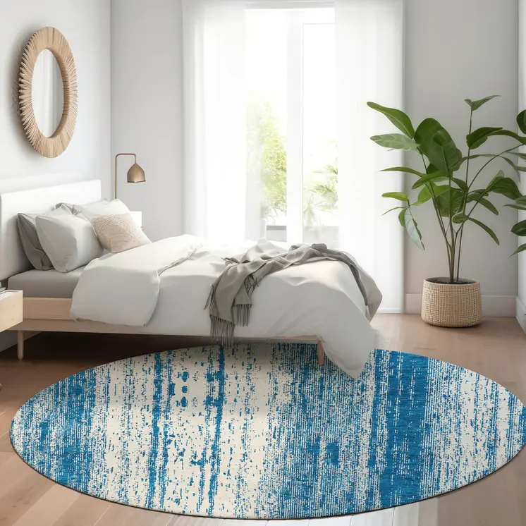 8' Navy Blue And Ivory Round Striped Washable Indoor Outdoor Area Rug