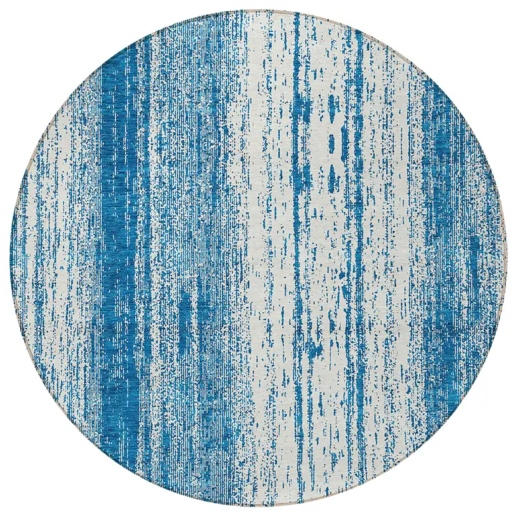 8' Navy Blue And Ivory Round Striped Washable Indoor Outdoor Area Rug